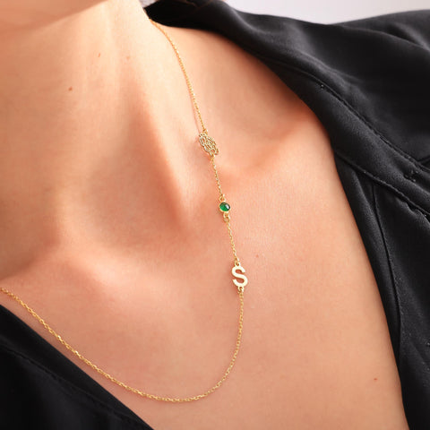 14K Gold Birth Flower Side Necklace with Birthstone and Initial - 12-24 in M.263