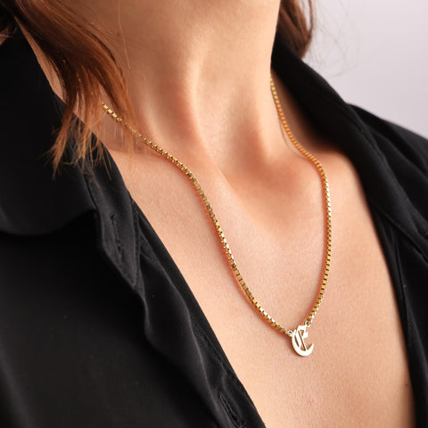 14K Gold Old English Initial Necklace with Box Chain - 12-24 in M.0266