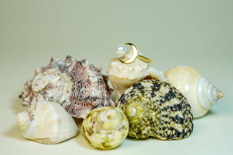 Crescent Moon Pearl Ring | Dainty Gold Celestial Jewelry for Women | Minimalist Moon Ring | Astrology Crescent Gift for Her M.173