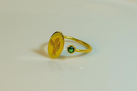 Dainty Gold Adjustable Flower Ring | Botanical Engraved Oval Signet with Green Stone | Minimalist Birthstone Jewelry Gift for Her M.301