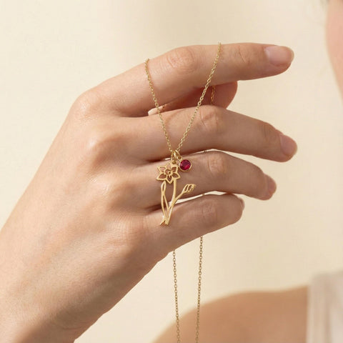 14K Gold Minimalist Birth Flower Necklace with Birthstone - 12-24 in M.0549