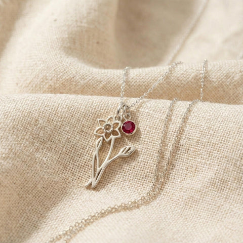 14K Gold Minimalist Birth Flower Necklace with Birthstone - 12-24 in M.0549