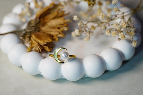 Crescent Moon Pearl Ring | Dainty Gold Celestial Jewelry for Women | Minimalist Moon Ring | Astrology Crescent Gift for Her M.173