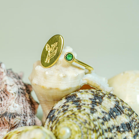 Dainty Gold Adjustable Flower Ring | Botanical Engraved Oval Signet with Green Stone | Minimalist Birthstone Jewelry Gift for Her M.301