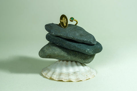 Dainty Gold Adjustable Flower Ring | Botanical Engraved Oval Signet with Green Stone | Minimalist Birthstone Jewelry Gift for Her M.301