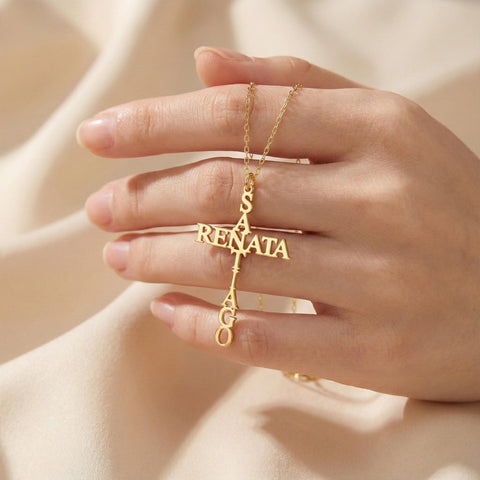 14K Gold Two Names Cross Name Necklace - 12-24 in M.0608