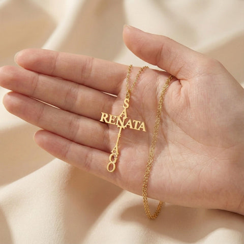 14K Gold Two Names Cross Name Necklace - 12-24 in M.0608