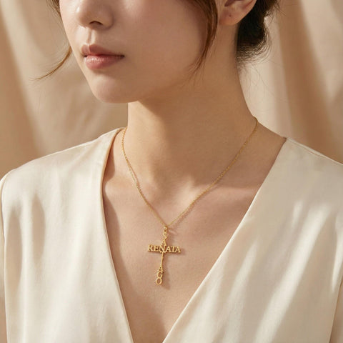 14K Gold Two Names Cross Name Necklace - 12-24 in M.0608