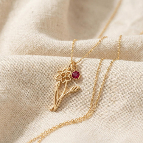 14K Gold Minimalist Birth Flower Necklace with Birthstone - 12-24 in M.0549