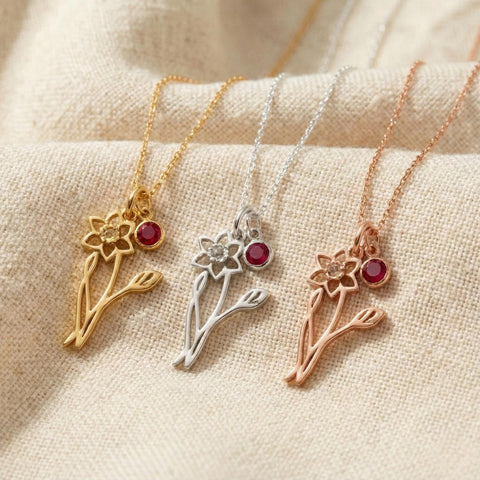 14K Gold Minimalist Birth Flower Necklace with Birthstone - 12-24 in M.0549