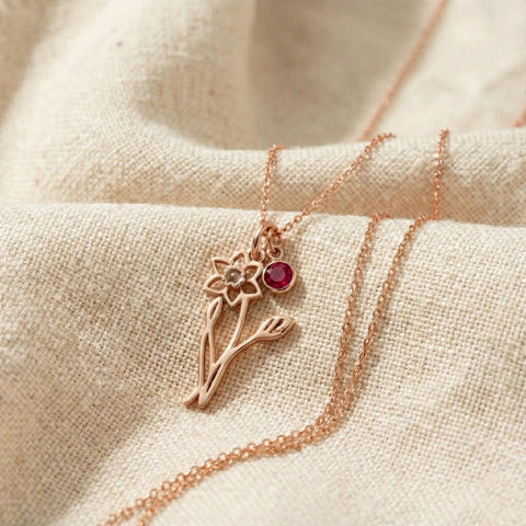 14K Gold Minimalist Birth Flower Necklace with Birthstone - 12-24 in M.0549