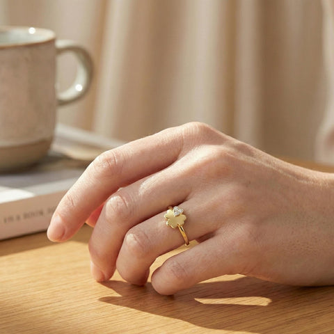 Four Leaf Clover Ring | Gold Four Leaf Clover Ring | Clover Ring with Diamond | Lucky Ring | St. Patrick's Day Gifts for Her M.541