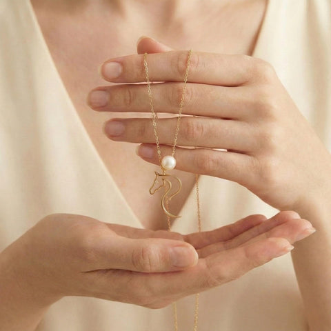 14K Gold Horse Necklace With Pearl - 12-24 in M.0416