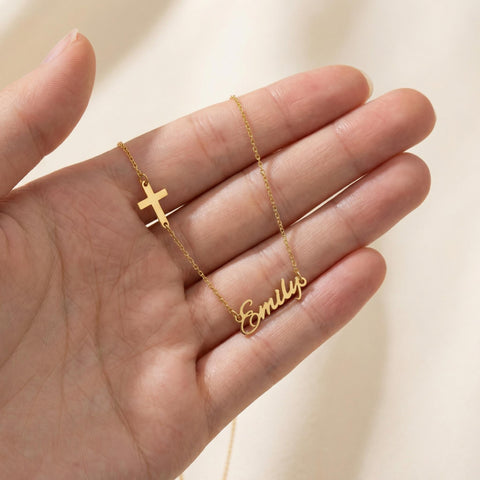 14K Gold Name Necklace with Cross - 12-24 in M.0490