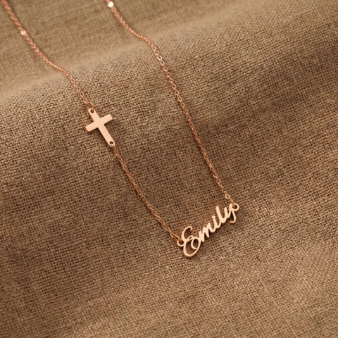 14K Gold Name Necklace with Cross - 12-24 in M.0490