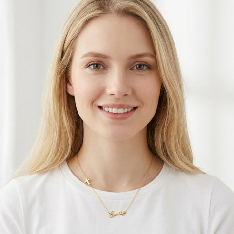 14K Gold Name Necklace with Cross - 12-24 in M.0490