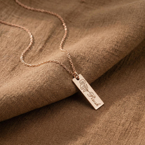 14K Gold Birth Flower Bar Necklace with Name - 12-24 in M.0489