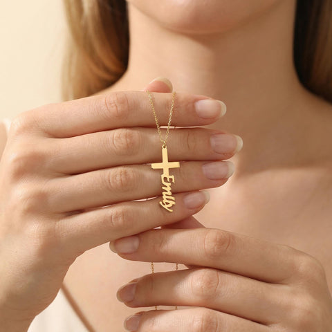 14K Gold Vertical Personalized Cross Necklace - 12-24 in M.304