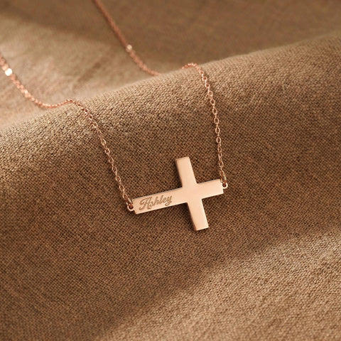 14K Gold Personalized Engraved Side Cross Necklace - 12-24 in M.0233