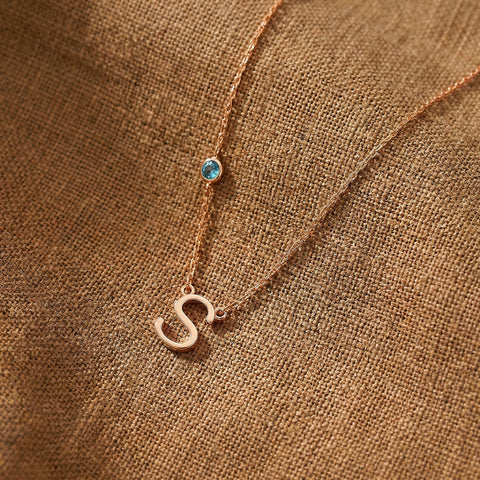 14K Gold Birthstone Letter Necklace - 12-24 in M.0208
