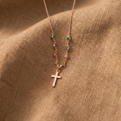 14 Ayar Altın Doğum Taşlı Haç Kolye | Aile Haç Kolyesi | Kişiye Özel Hristiyan Takı | İnanç Kolyesi | Konfirmasyon Hediyesi | Vaftiz Hediyesi M.575