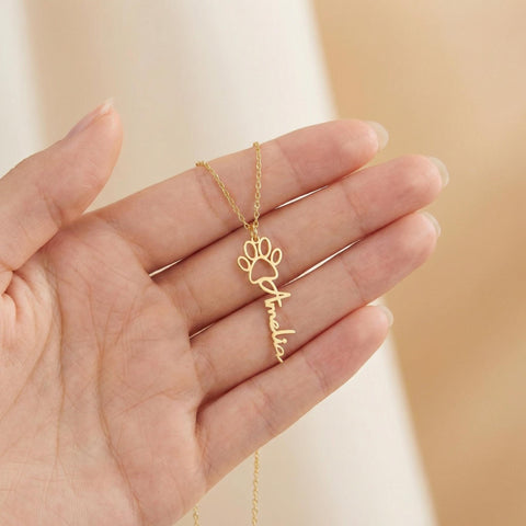14K Gold Paw Print Name Necklace - 12-24 in M.0573