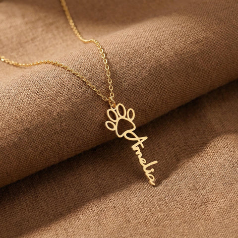 14K Gold Paw Print Name Necklace - 12-24 in M.0573