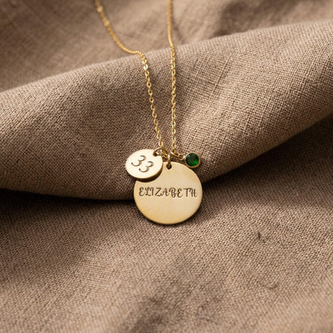 14K Gold Large Small Disc Necklace with Birthstone - 12-24 in M.0547