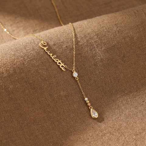 14K Gold Drop Stone Name Necklace - 12-24 in M.0324