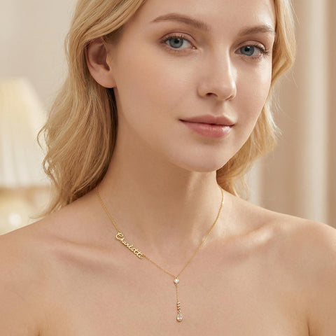 14K Gold Drop Stone Name Necklace - 12-24 in M.0324