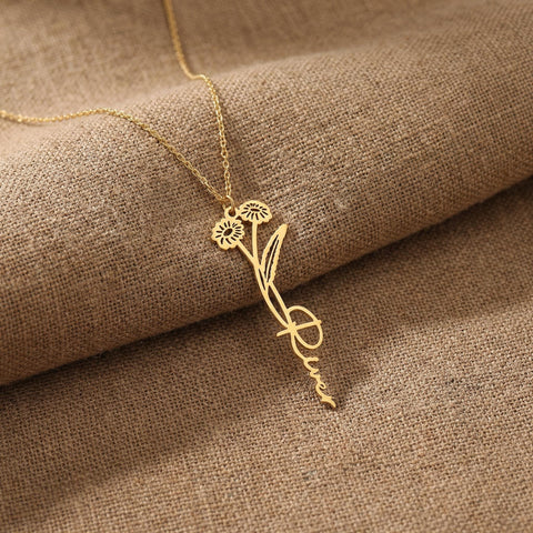 14K Gold Birth Flower Name Necklace with Birthstone - 12-24 in M.0019