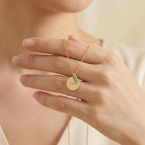 14K Gold Custom Disc Name Necklace with Birthstone - 12-24 in M.0017