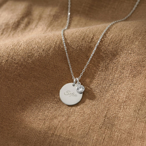 14K Gold Custom Disc Name Necklace with Birthstone - 12-24 in M.0017