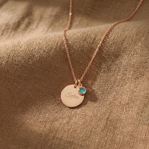 14K Gold Custom Disc Name Necklace with Birthstone - 12-24 in M.0017