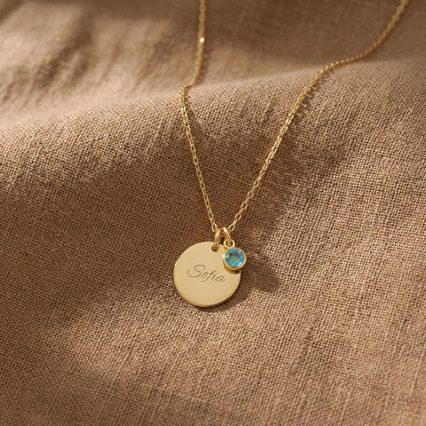 14K Gold Custom Disc Name Necklace with Birthstone - 12-24 in M.0017