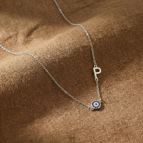 14K Gold Evil Eye Sideway Letter Necklace - 12-24 in M.0014