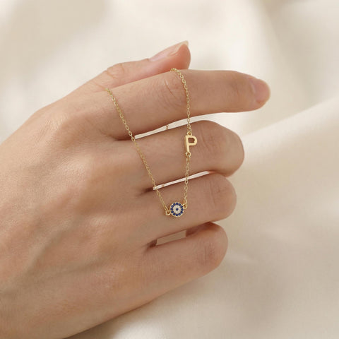 14K Gold Evil Eye Sideway Letter Necklace - 12-24 in M.0014