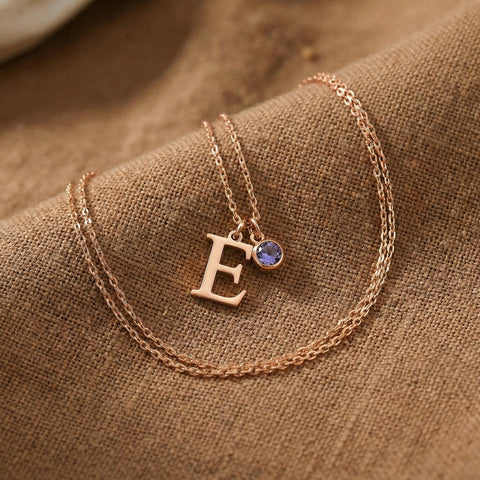 14K Gold Initial Necklace with Birthstone - 12-24 in M.0003