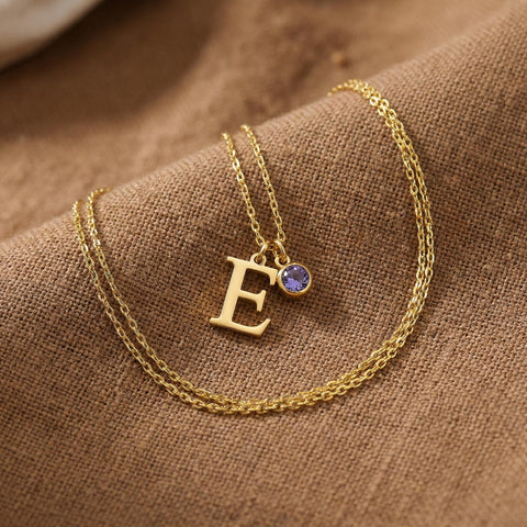 14K Gold Initial Necklace with Birthstone - 12-24 in M.0003