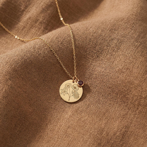 14K Gold Family Birth Flower Disc Necklace with Birthstone - 12-24 in M.0044