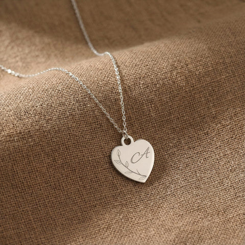 14K Gold Letter Olive Branch Heart Necklace - 12-24 in M.0298