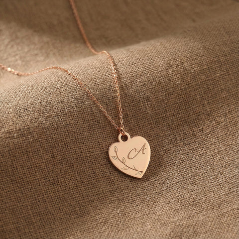 14K Gold Letter Olive Branch Heart Necklace - 12-24 in M.0298