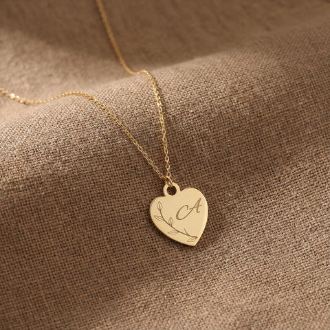 14K Gold Letter Olive Branch Heart Necklace - 12-24 in M.0298