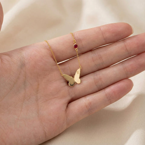 14K Gold Letter Butterfly Necklace Side Birthstone - 12-24 in M.0152