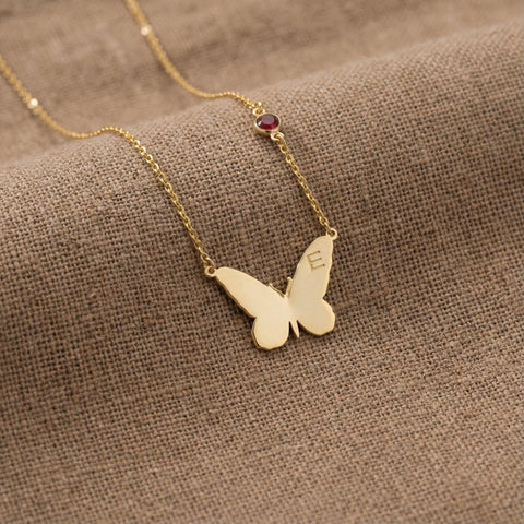 14K Gold Letter Butterfly Necklace Side Birthstone - 12-24 in M.0152