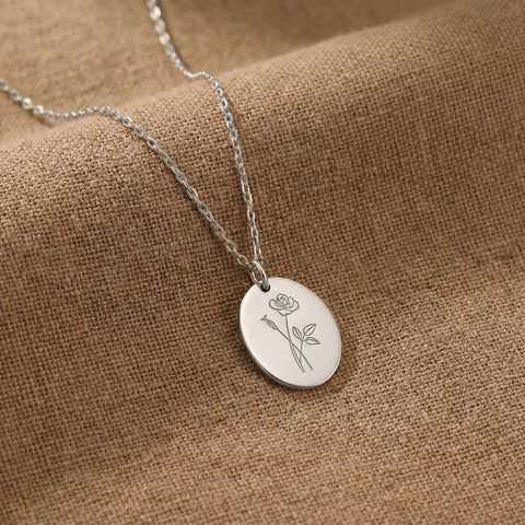 14K Gold Birth Flower Oval Disc Necklace - 12-24 in M.088