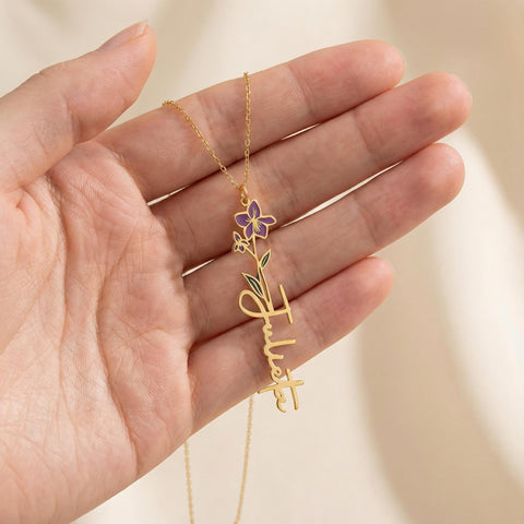 14K Gold Birth Flower Name Necklace - 12-24 in M.0295