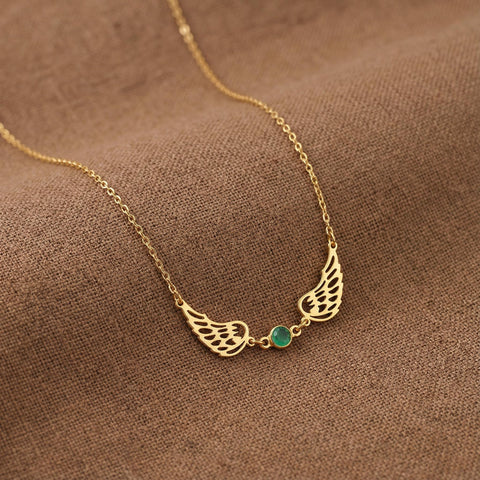 14K Gold Angel Wings Necklace with Birthstone - 12-24 in M.0272