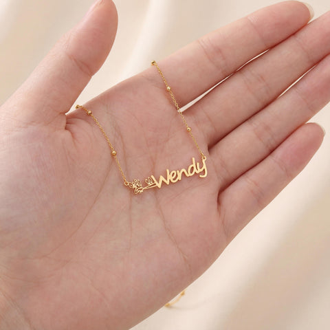 14K Gold Flower Name Horizontal Necklace - 12-24 in M.0238