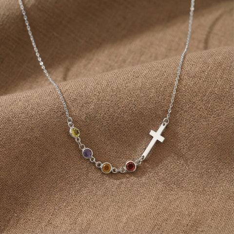 14K Gold Row Birthstone Cross Necklace - 12-24 in M.0343